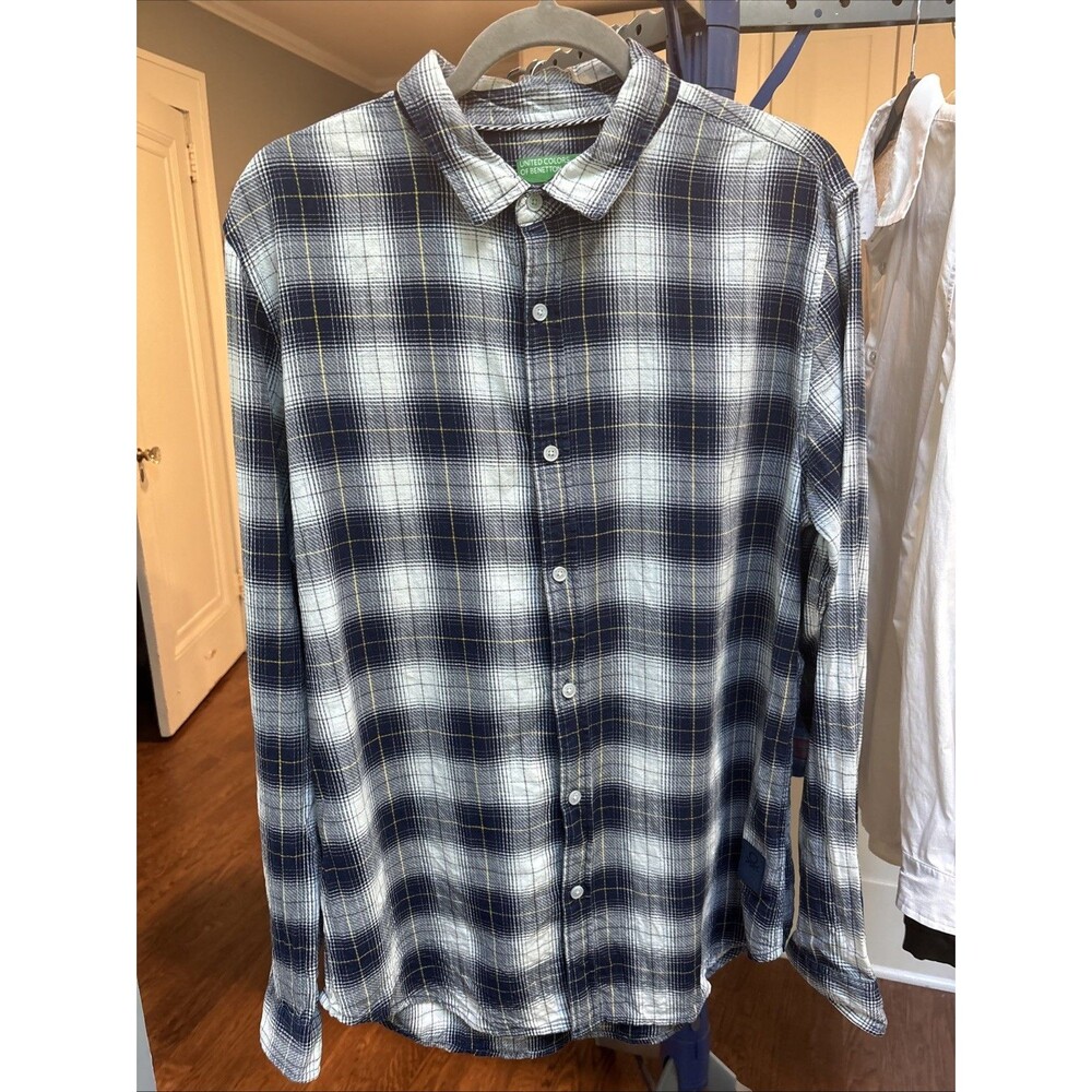 United Colors of Benetton Indigo plaid “flannel”/twill button-up shirt Size XL